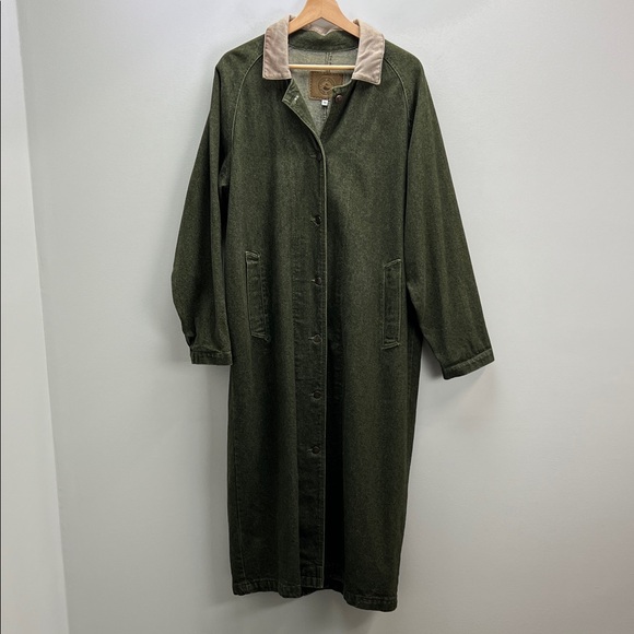 Vintage Gotcha Covered Long Green Denim Jacket Womens Medium Trench Coat - Picture 1 of 13